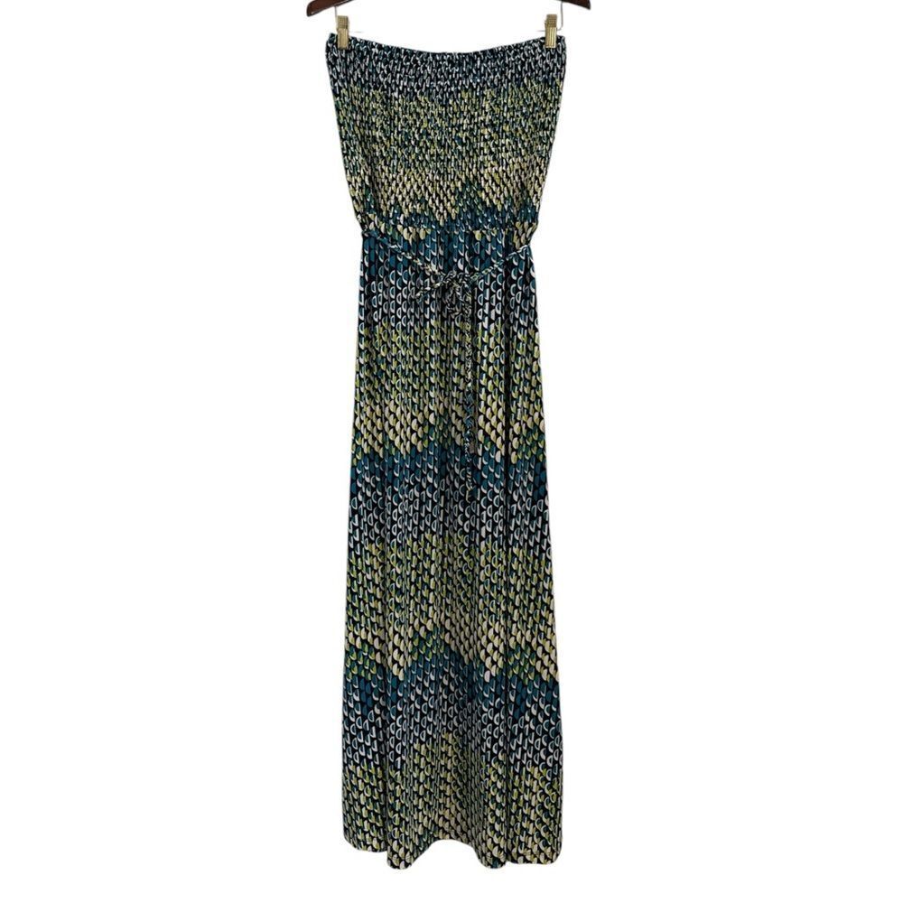 Anne Klein blue green white geometric stretch strapless smocked maxi dress large